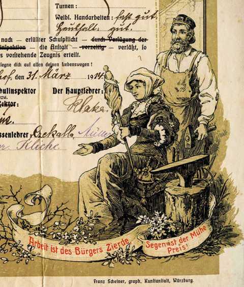 Alegoria kobiecej pracowitości – świadectwo szkolne z 1914 r.