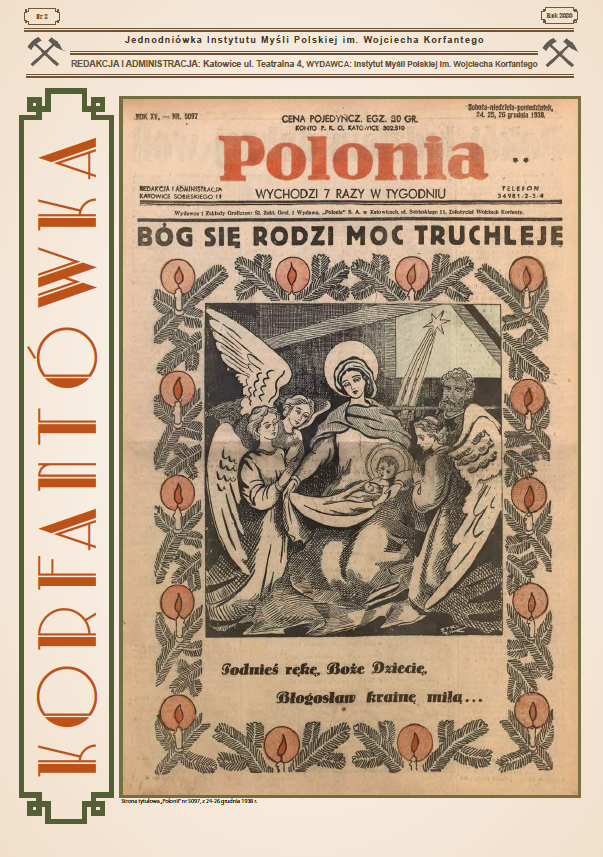 Okładka czasopisma Korfantówka nr 2/2020. Na okładce strona tytułowa „Polonii” nr 5097, z 24-26 grudnia 1938 r.
