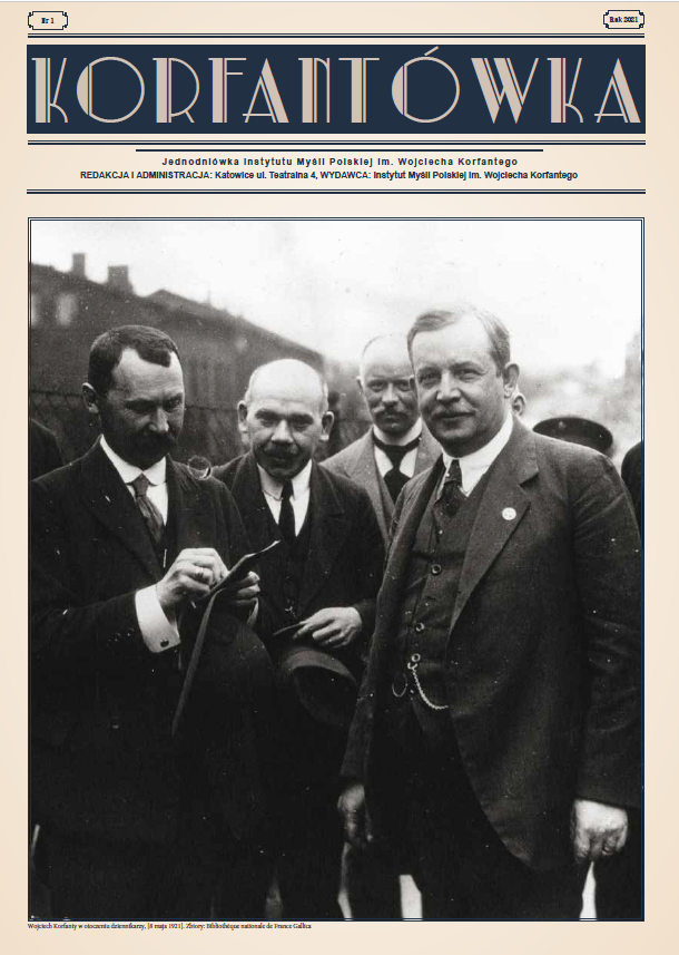 Okładka czasopisma Korfantówka nr 1/2021. Na okładce zdjęcie Wojciecha Korfantego w otoczeniu dziennikarzy, [8 maja 1921]. Zbiory: Bibliothèque nationale de France Gallica