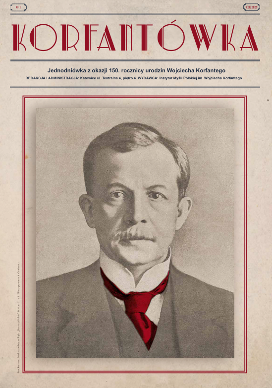 Okładka czasopisma Korfantówka nr 1/2023. Na okładce wizerunek Wojciecha Korfantego