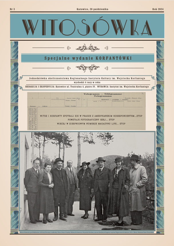 Okładka czasopisma Korfantówka nr 3/2024. Na okładce Witos w Rożnowie pod Radhostem. Od lewej Nowotny z małżonką, Witos, Bruno Gruszka, Elżbieta Korfantowa, Wojciehch Korfanty, synowa Korfantych Eugenia z mężem Zbigniewem Korfantym, 1935 r. Zbiory: Muzeum Ziemi Tarnowskiej.