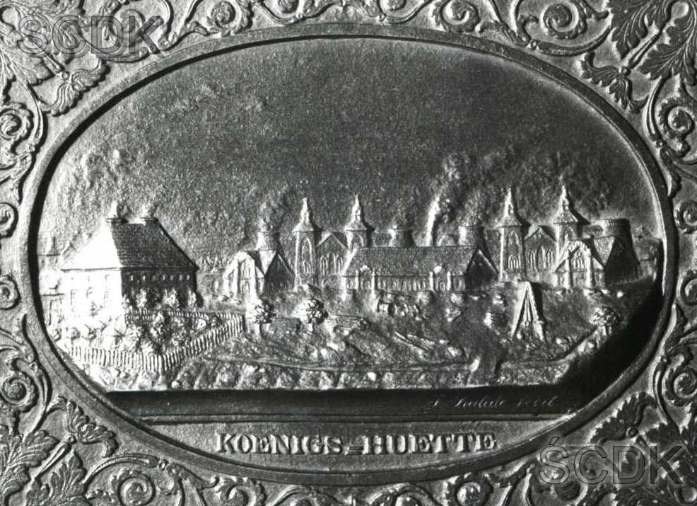 Plakieta z widokiem ,,Królewskiej Huty”, odlew, żeliwo, 1840 r., wg: Hintze E., ,,Gleiwitzer Eisenkunstguss”, Breslau, 1928, tablica 83