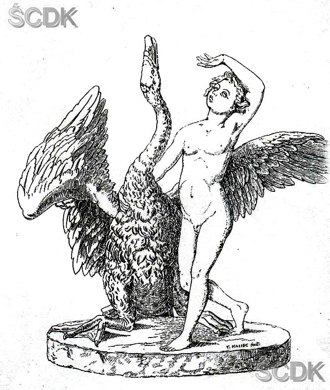 Rysunek rzeźby ,,Chłopiec z łabędziem” znajdujący się w starym katalogu handlowym huty gliwickiej (model według T. Kalide, Berlin, 1833 r.) wg: Hintze E., ,,Gleiwitzer Eisenkunstguss”, Breslau, 1928