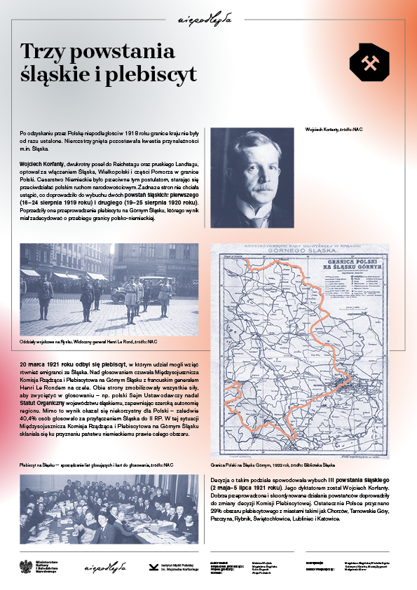 Plansza 2 - wystawy #Śląsk Wspólna Sprawa. Zawiera informacje o Trzech powstaniach śląskich i plebiscycie