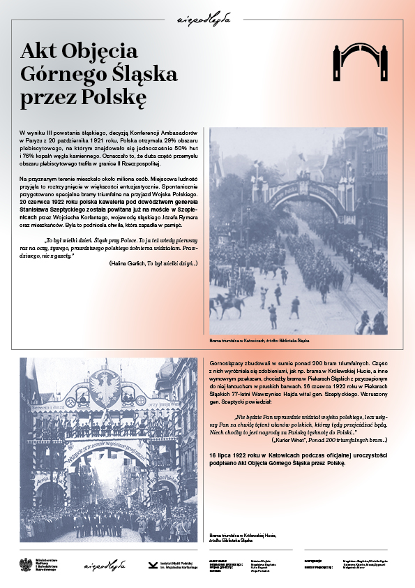 Plansza 3 - wystawy #Śląsk Wspólna Sprawa. Zawiera informacje o akcie objęcia Górnego Śląska przez Polskę