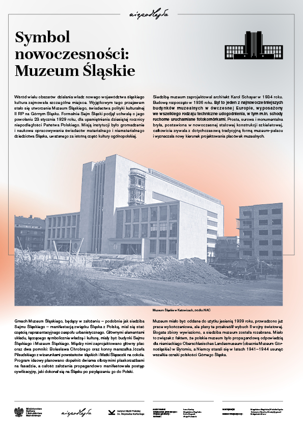 Plansza 8 - wystawy #Śląsk Wspólna Sprawa. Zawiera informacje o symbolu nowoczesności jakim było Muzyeum Śląskie w II RP