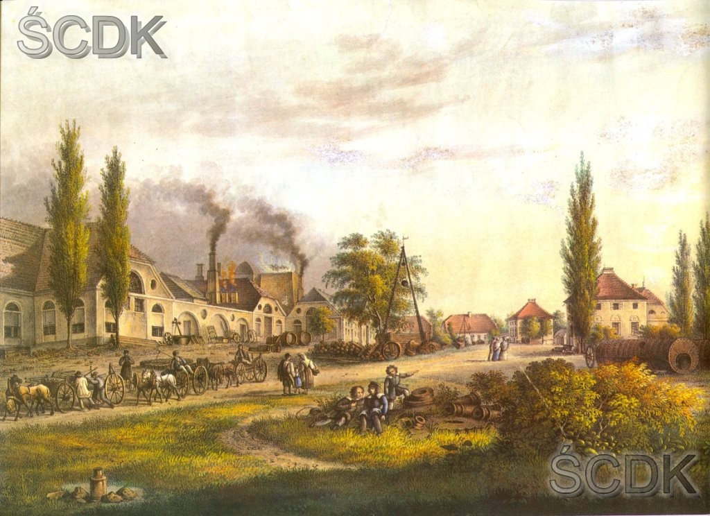 Widok Królewskiej Odlewni Żeliwa w Gliwicach, I połowa XIX wieku, papier, kolorowa litografia, Ernest Wilhelm Knippel