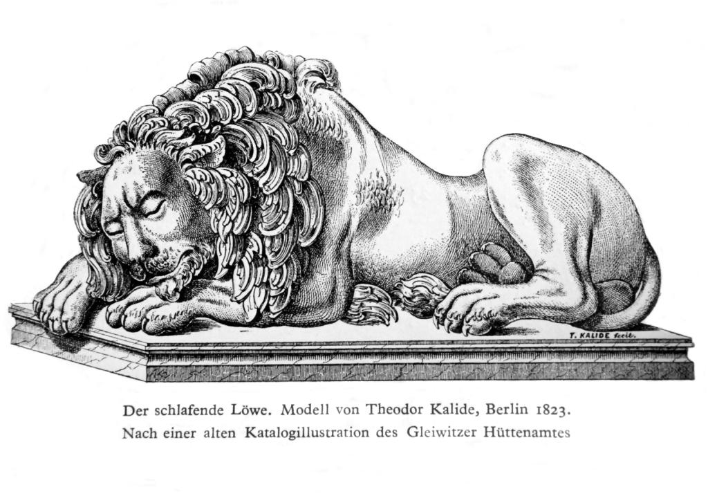 „Lew śpiący”, model Theodora Kalidego (sygnatura rzeźbiarza w prawym dolnym rogu – T. Kalide fecit), Berlin 1823, wg: E. Hintze, Gleiwitzer Eisenkunstguss, Breslau 1928, s. 54