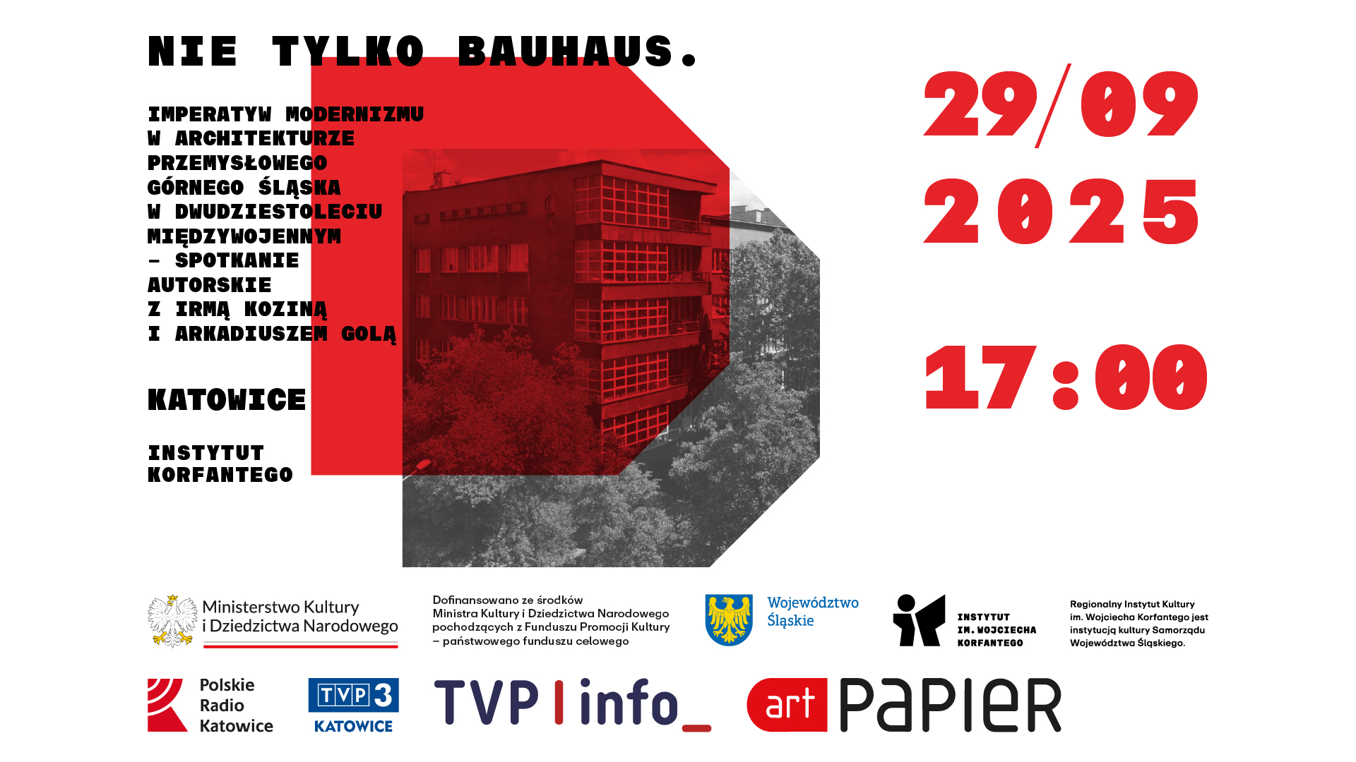 Grafika zapowiadająca spotkanie autorskie z prof. dr hab. Irmą Koziną i Arkadiuszem Golą dotyczący książki Nie tylko Bauhaus