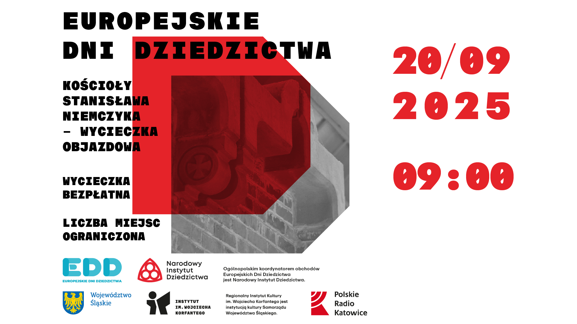 Grafika zapowiadająca wydarzenie "Kościoły Stanisława Niemczyka - wycieczka autokarowa" w ramach Europejskich Dni Dziedzictwa