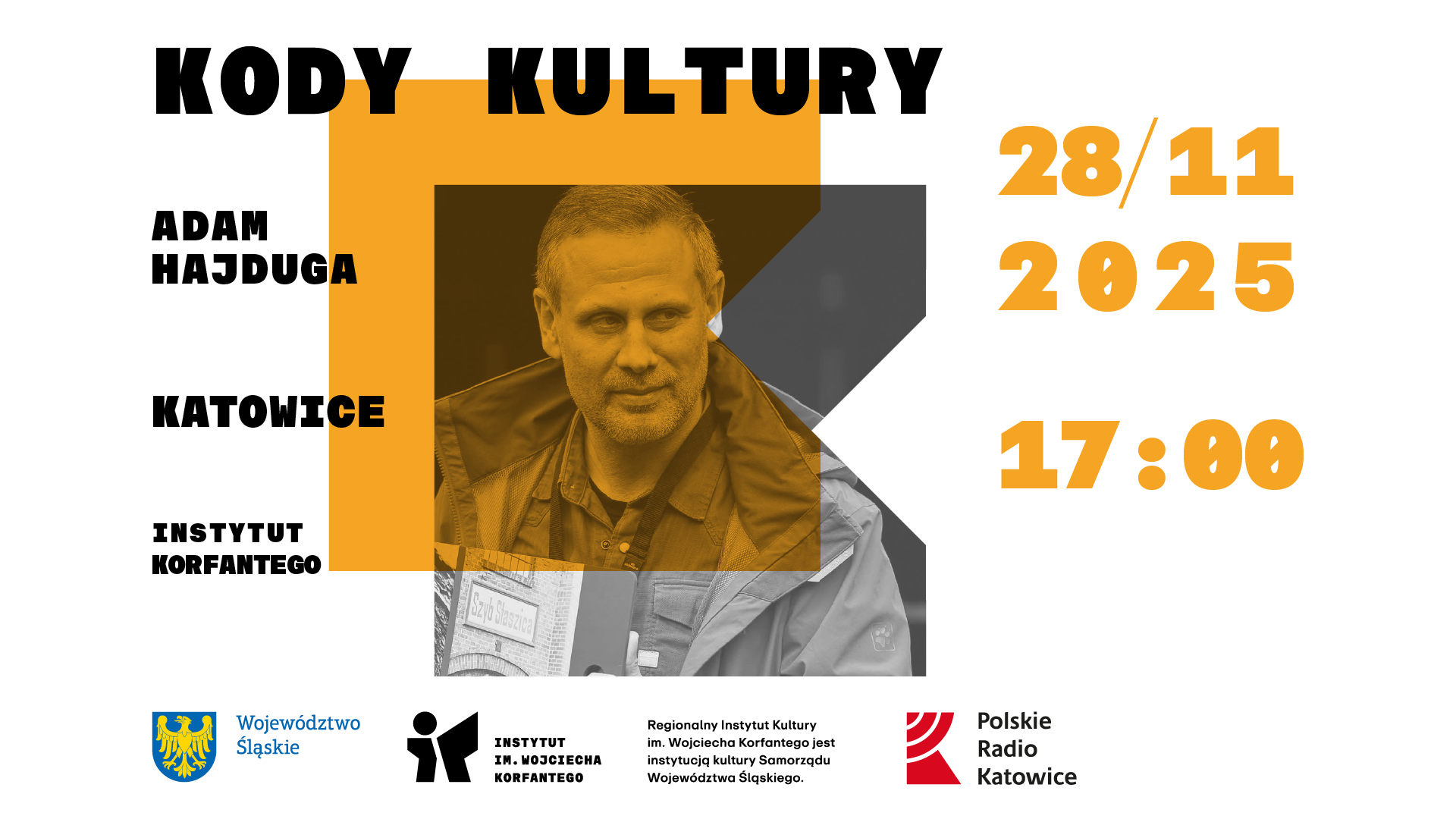 Grafika zapowiadająca wydarzenie Kody Kultury - spotkanie z Adamem Hajdugą