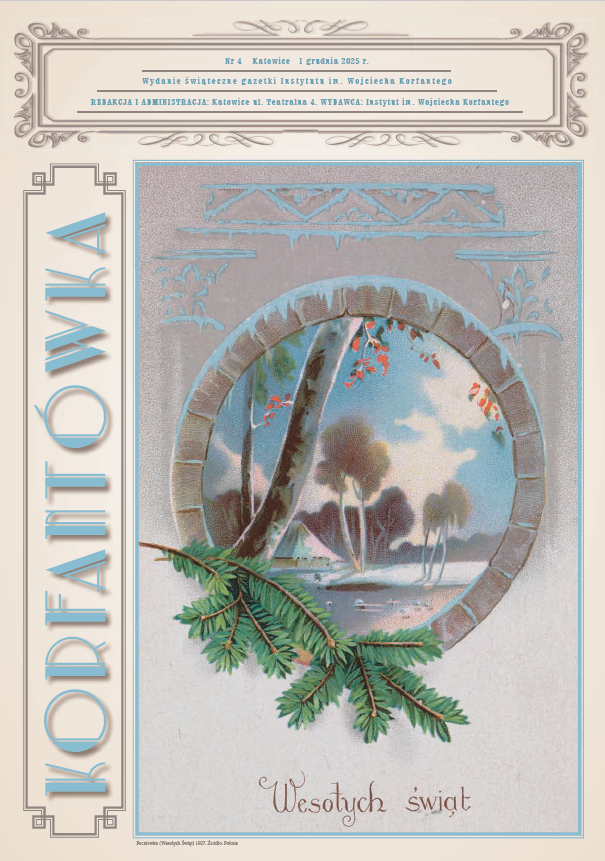 Na zdjęciu okładka Korfantówki nr 4 z 2025 roku. Okładka przedstawia pocztówkę z napisem Wesołych Swiat. Pocztówka jest z 1927. Zródło: Polona