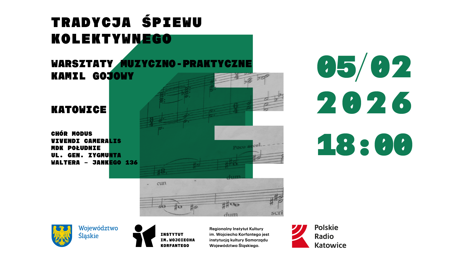 Grafika zapowiadająca warsztaty "Tradycja śpiewu kolektywnego" wraz z Chórem Modus Vivendi Cameralis