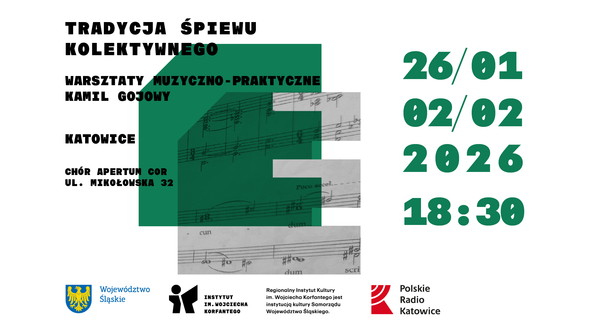 Grafika zapowiadająca warsztaty "Tradycja śpiewu kolektywnego" wraz z Zespołem Śpiewaczym Apertum Cor
