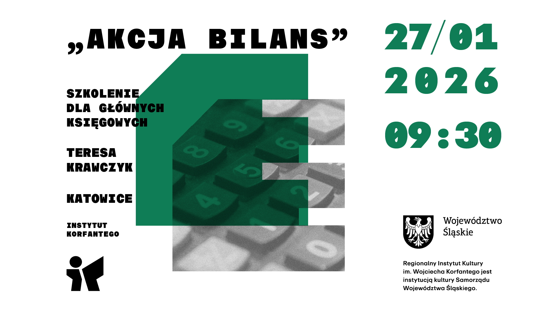 Grafika zapowiadająca szkolenie dla księgowych "Akcja Bilans w instytucjach kultury"