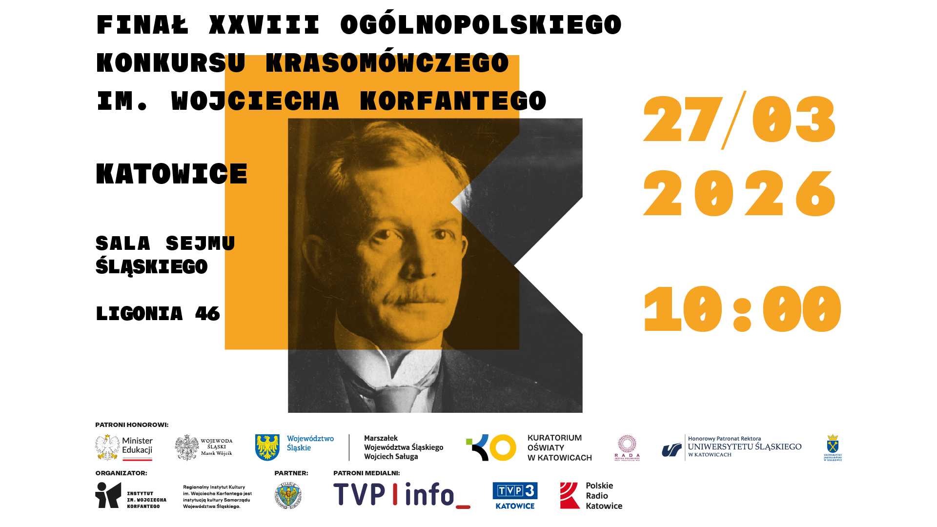 Grafika zapowiadająca finał XXVIII Ogólnopolskiego Konkursu Krasomówczego im.l Wojciecha Korfantego w sali Sejmu Śląskiego