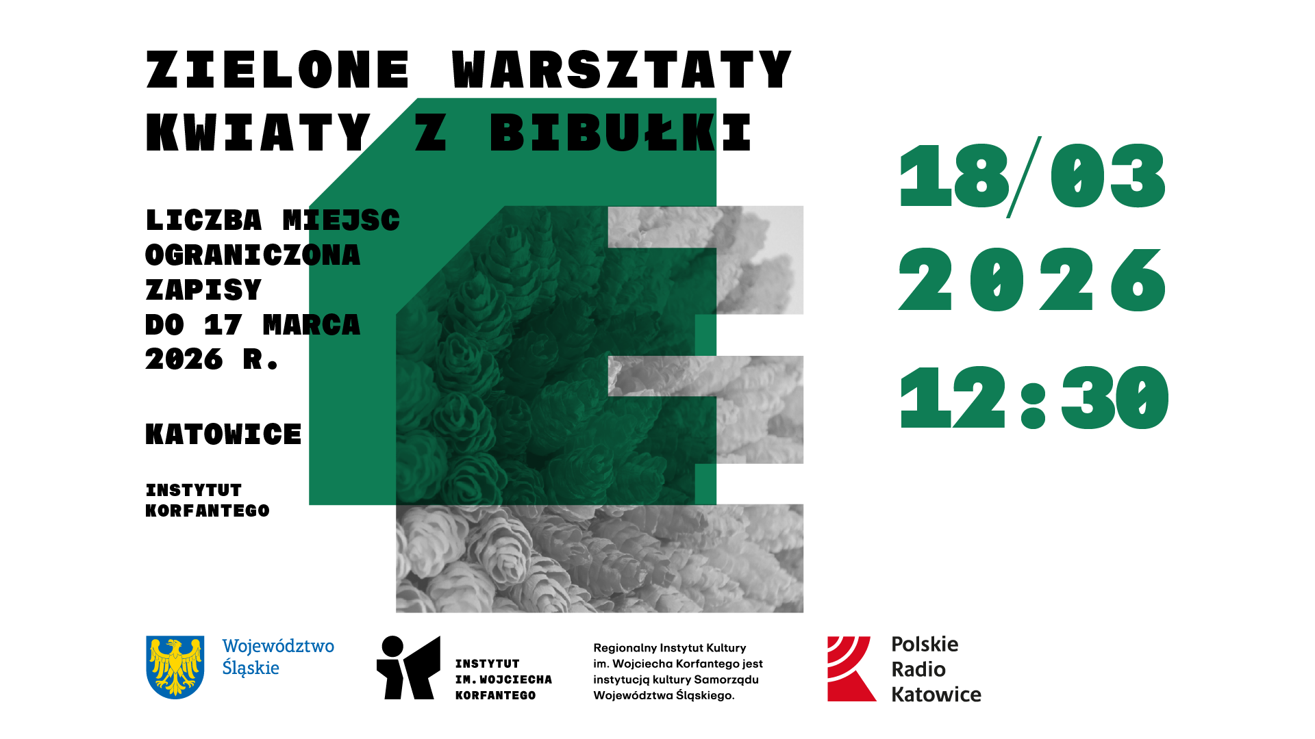 Grafika zapowiadająca wydarzenia "Zielone warsztaty: kwiaty z bibułki"