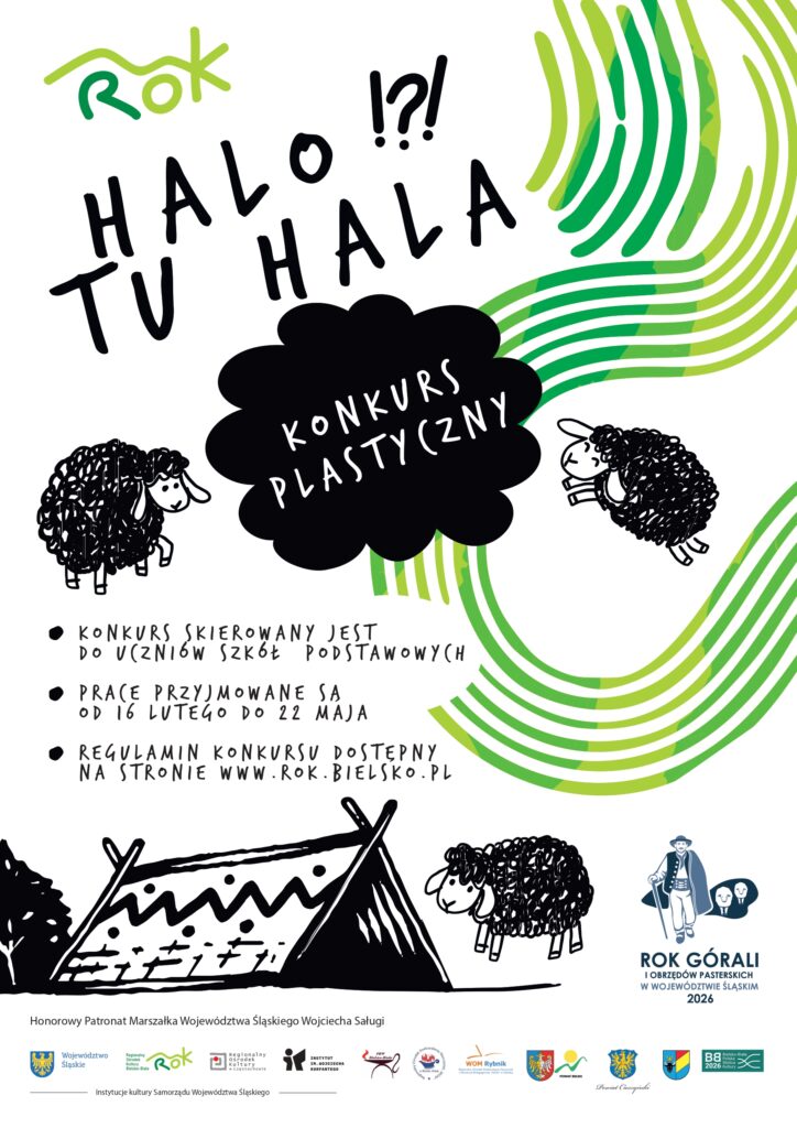 Plakat z czarno-białymi ilustracjami owiec i zielonymi elementami. Plakat informuje o konkursie Halo tu Hala organizowanego przez ROK w Bielsku-Białej