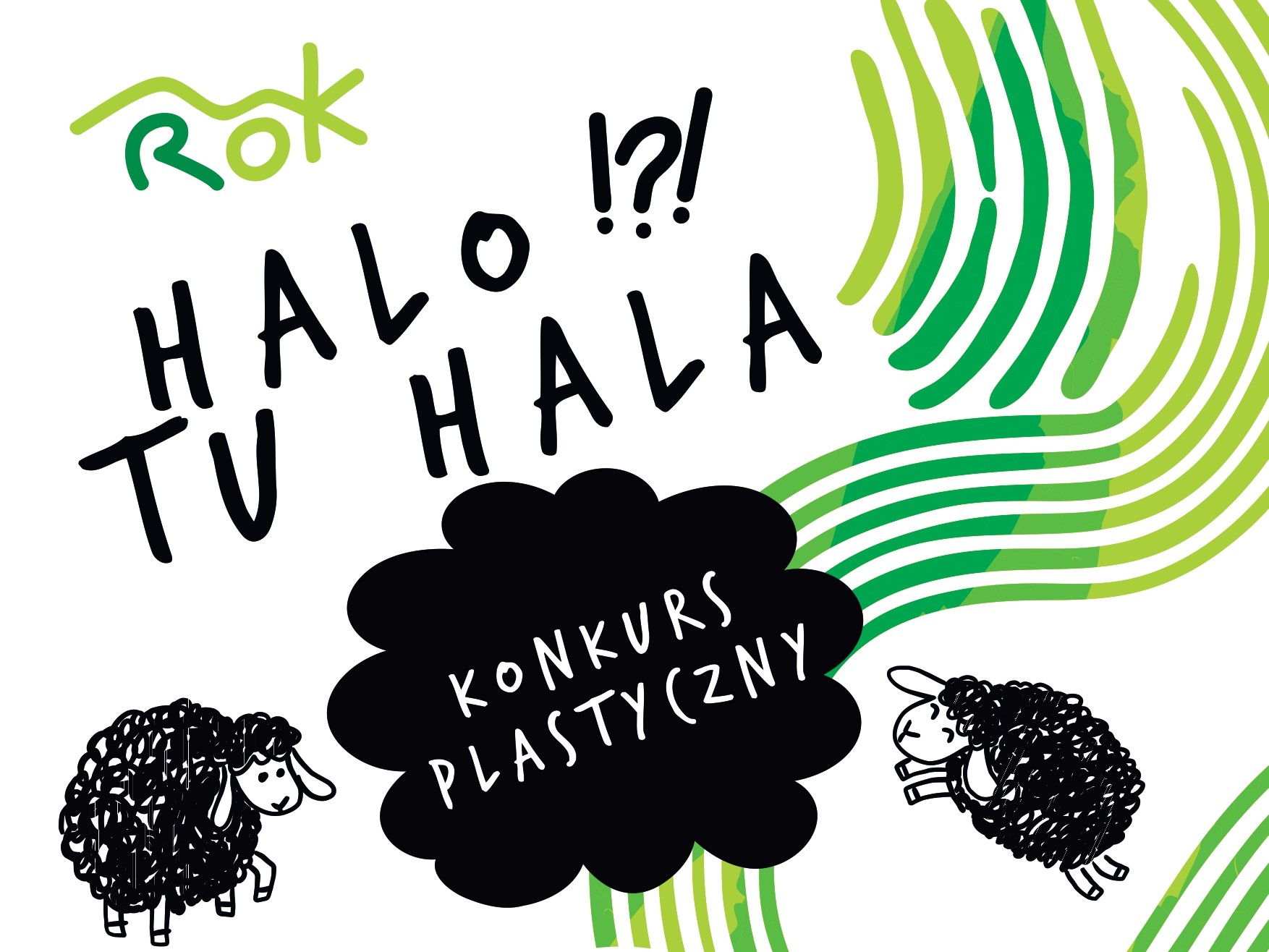 Grafika z czarno-białymi ilustracjami owiec i zielonymi elementami i napisami Halo tu Hala i konkursem plastycznym organizowanym przez ROK w Bielsku-Białej