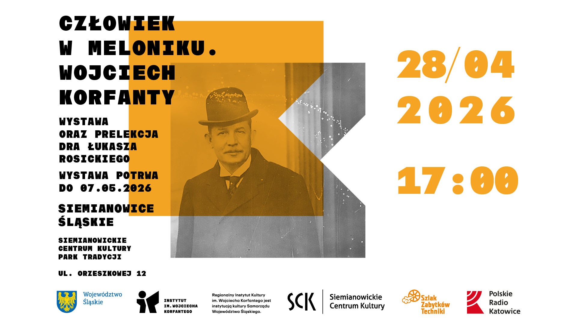 Grafika informująca o wystawie "Czlowiek w meloniku"