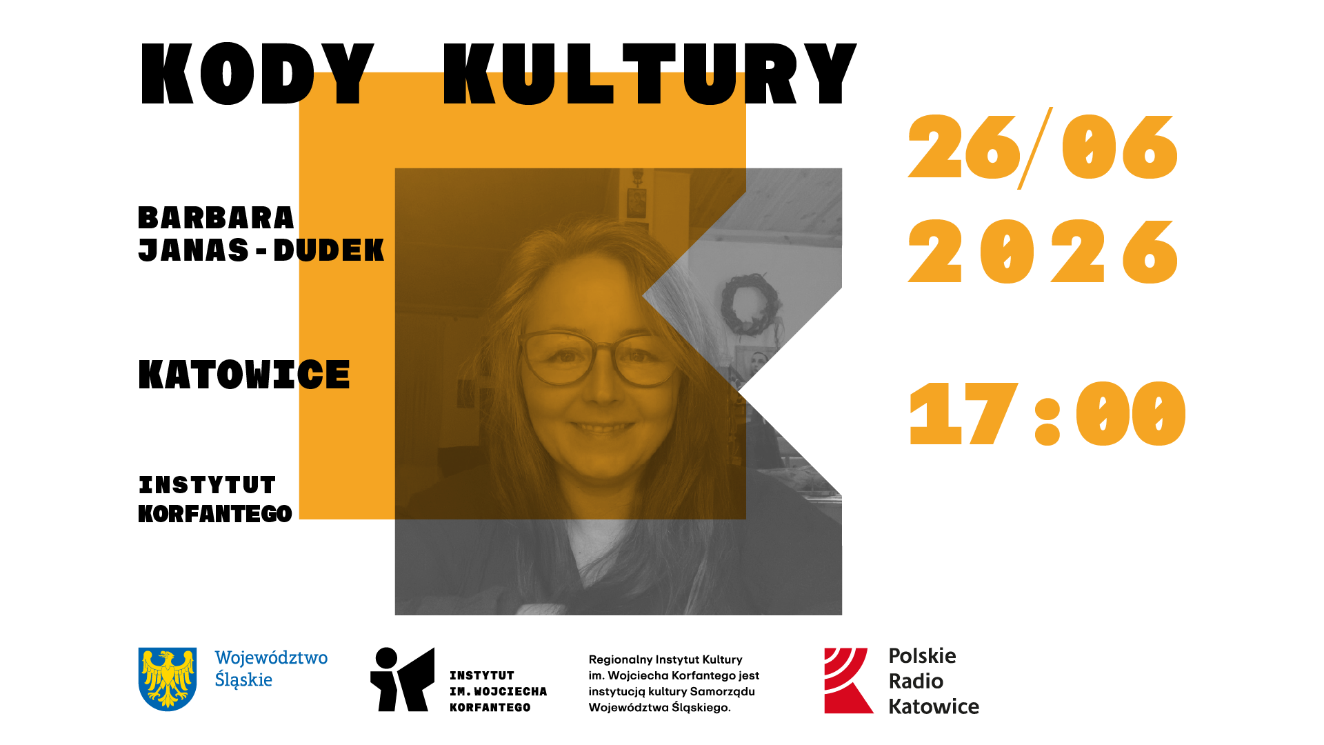 Grafika zapowiadająca wydarzenie KODY KULTURY: spotkanie z Barbarą Janas-Dudek