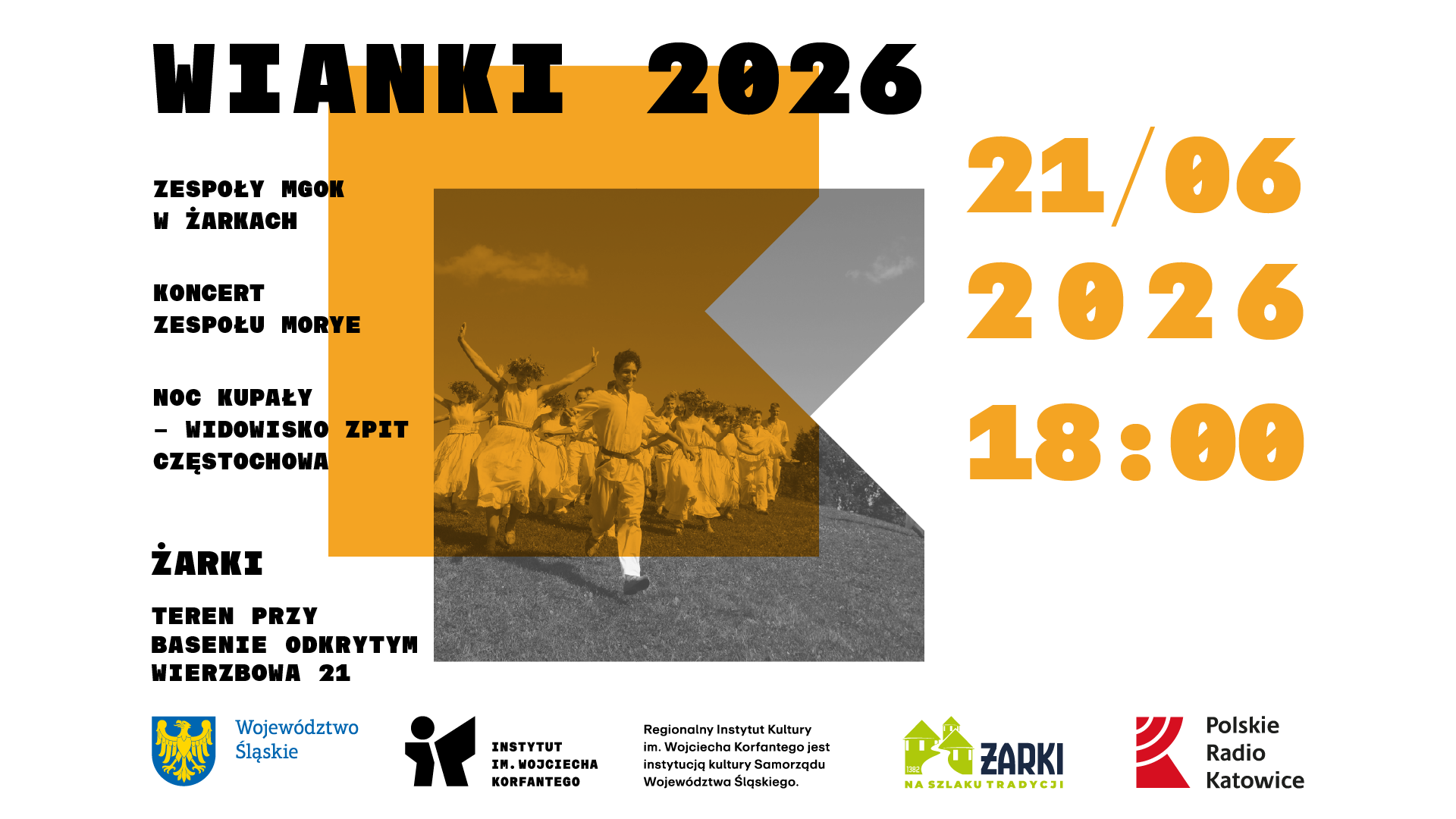 Grafika zapowiadająca Wianki 2026 Obchody Nocy Świętojańskiej w Żarkach