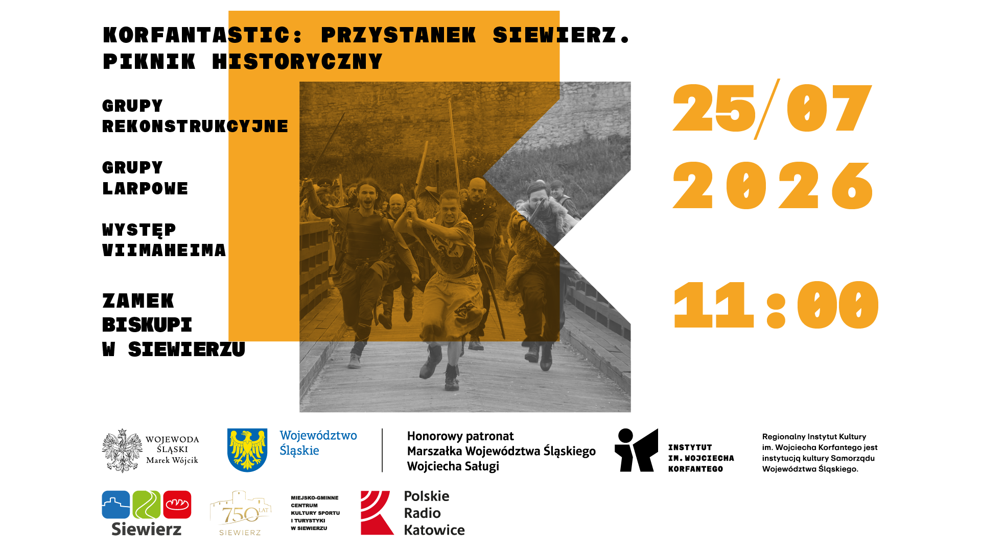 Biała grafika z żółtą literą K oznaczającą platformę Kultura i czarno-białym zdjęciem grup cosplayowych oraz napisem Korfantastic: Przystanek Siewierz