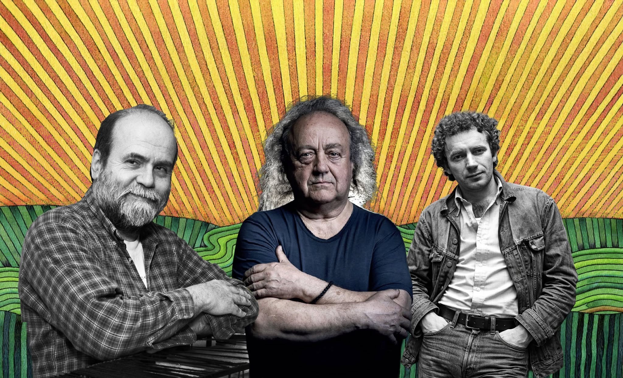 Na grafice trzech mężczyzn: Jan Sawka, Józef Skrzek i Edward Stachura