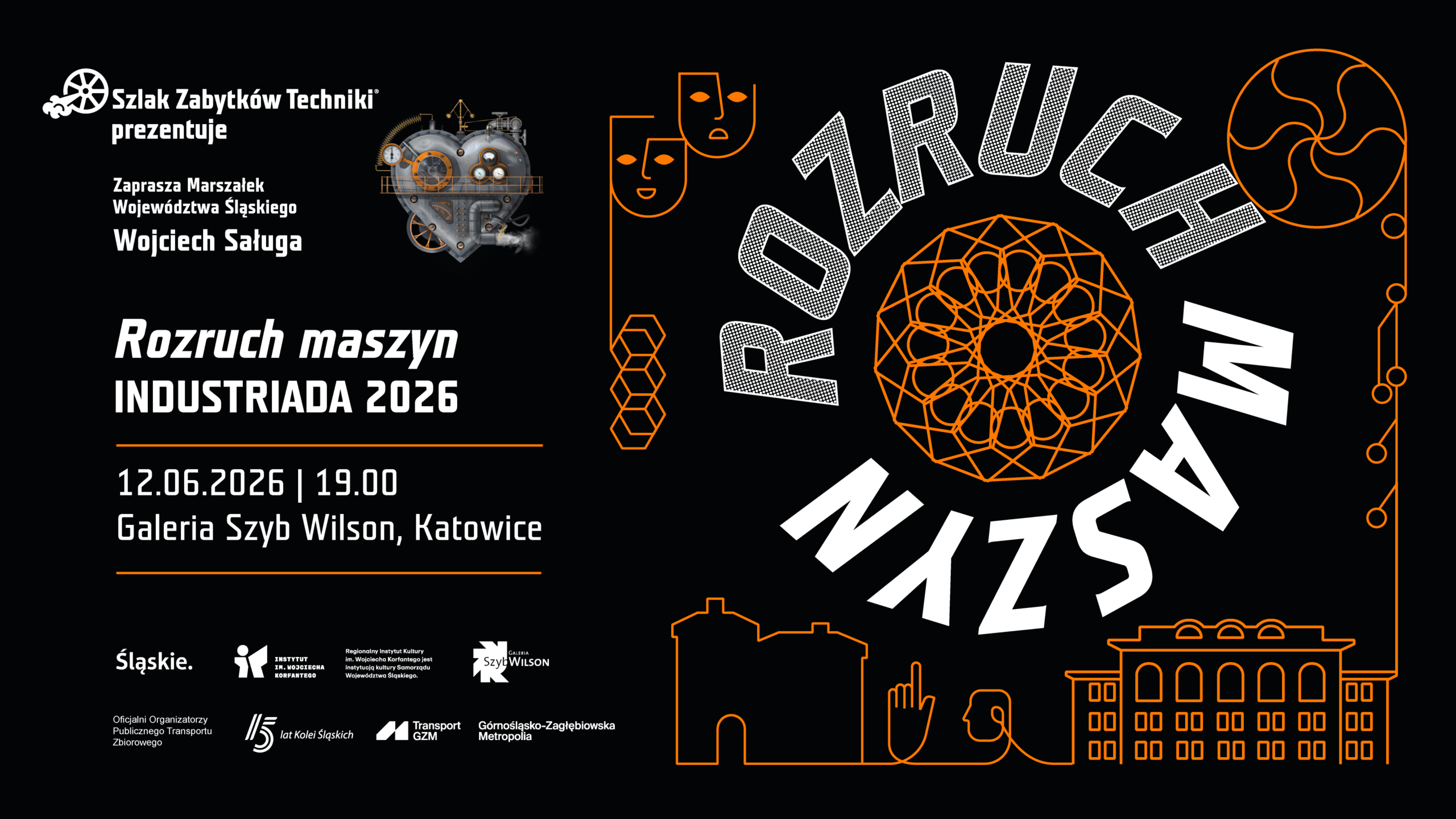 Czarna grafika z szaro-białym napisem ROZRUCH MASZYN.